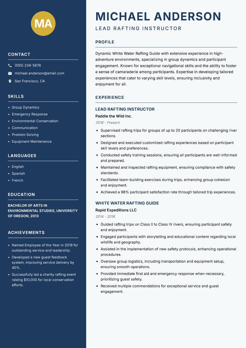 White Water Rafting Guide resume template — Classic Clean