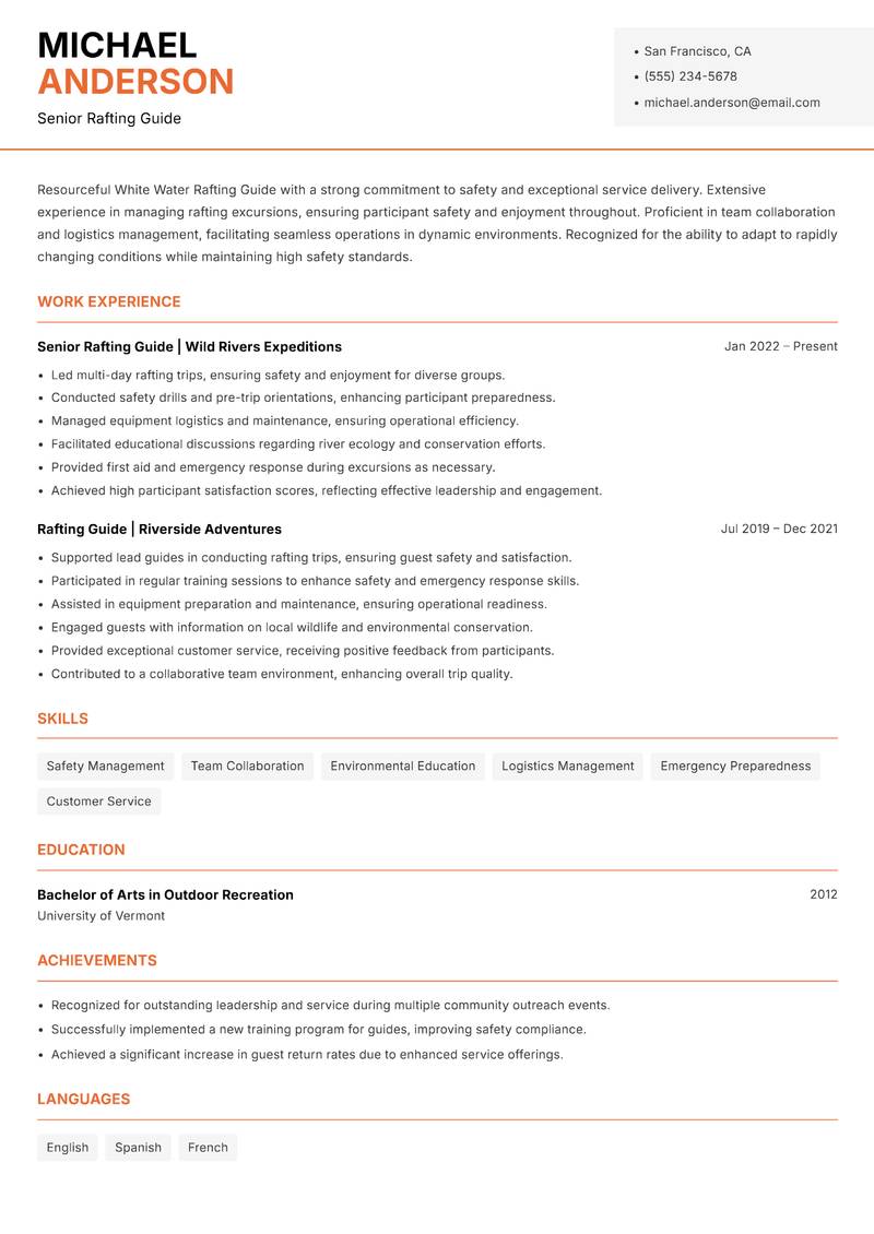 White Water Rafting Guide resume template — Modern Professional