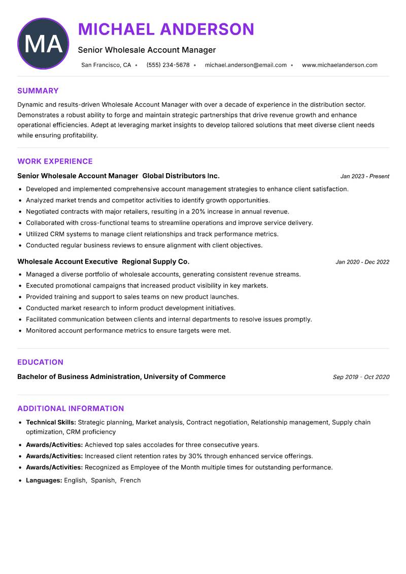Wholesale Account Manager resume example — ATS-friendly template