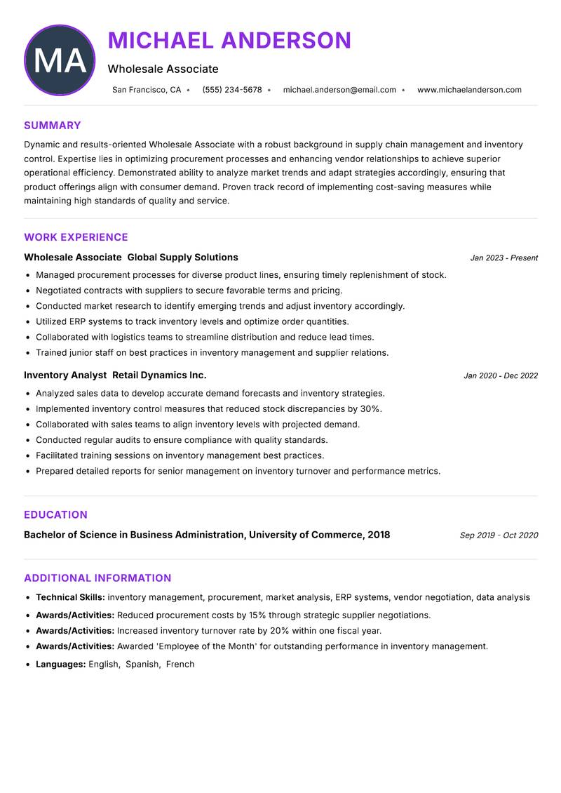 Wholesale Associate resume example — ATS-friendly template
