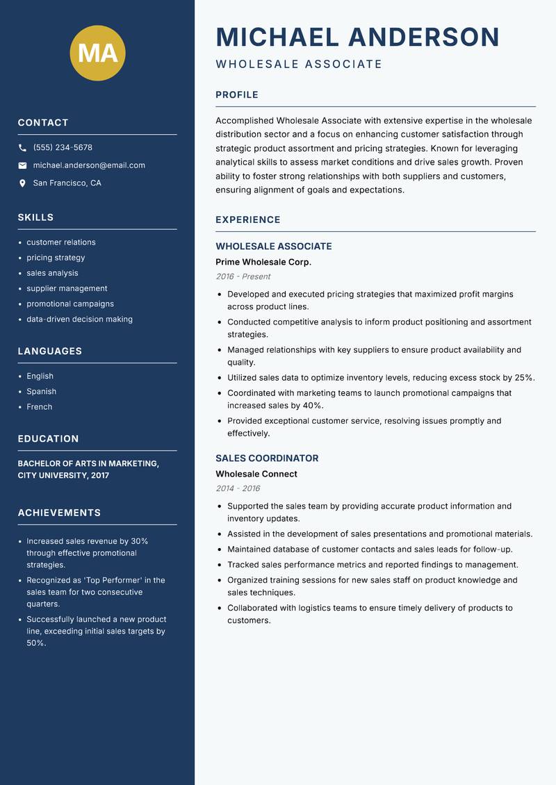 Wholesale Associate resume template — Classic Clean