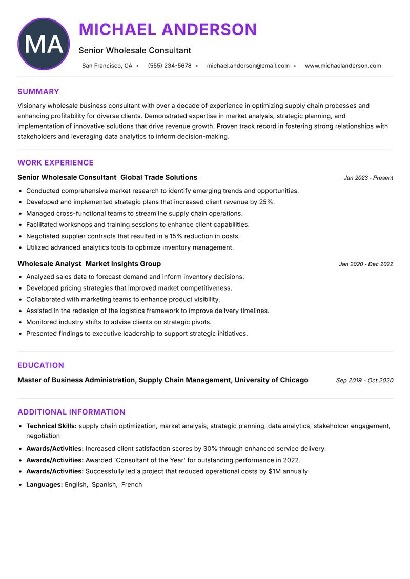 Wholesale Business Consultant resume example — ATS-friendly template