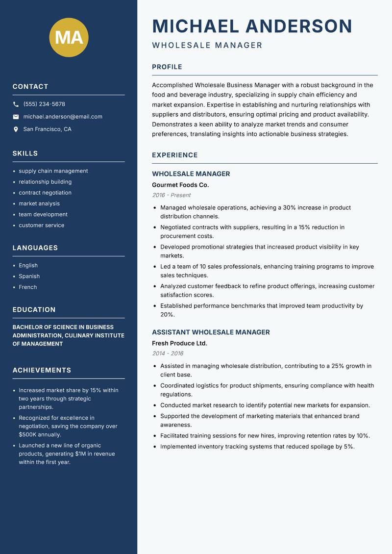 Wholesale Business Manager resume template — Classic Clean