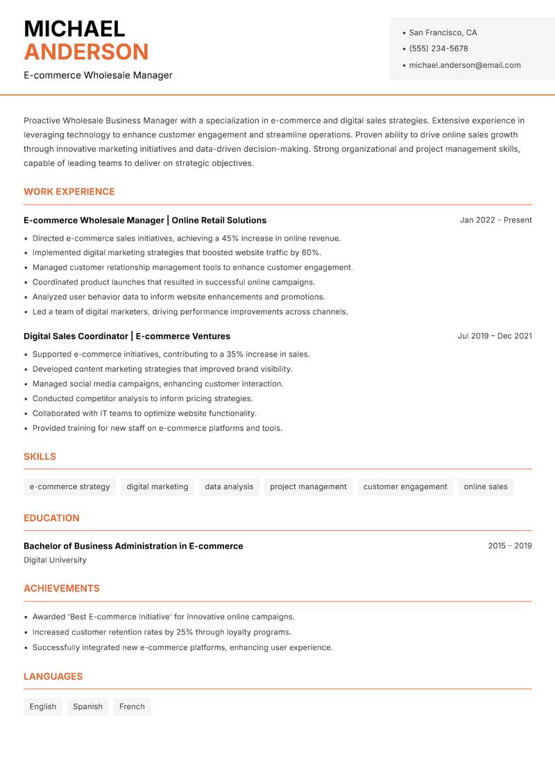 Wholesale Business Manager resume template — Modern Professional