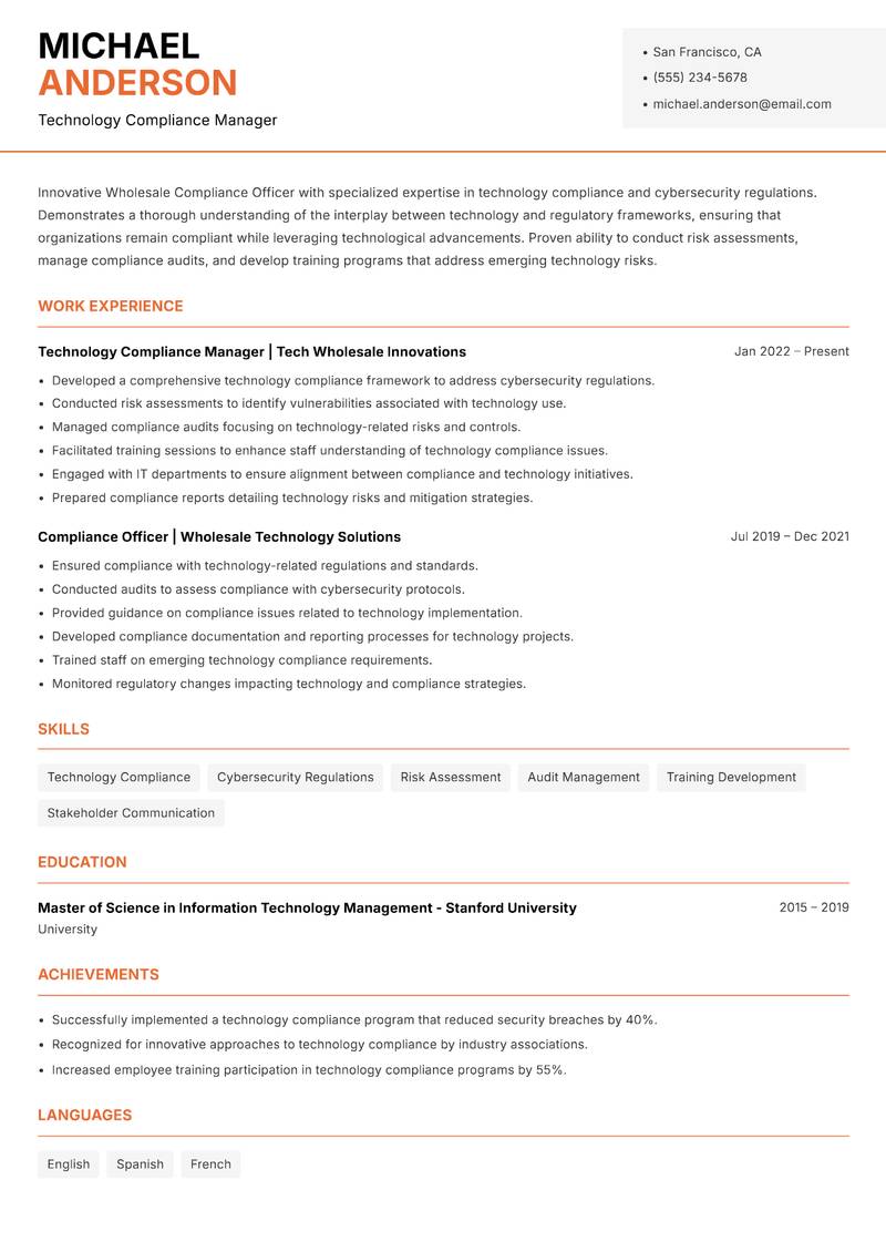 Wholesale Compliance Officer resume template — Modern Professional