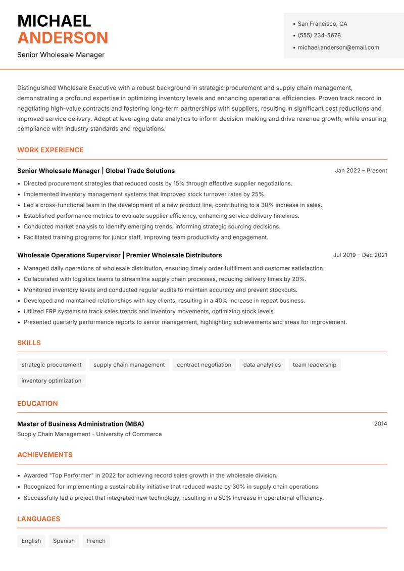 Wholesale Executive resume template — Modern Professional
