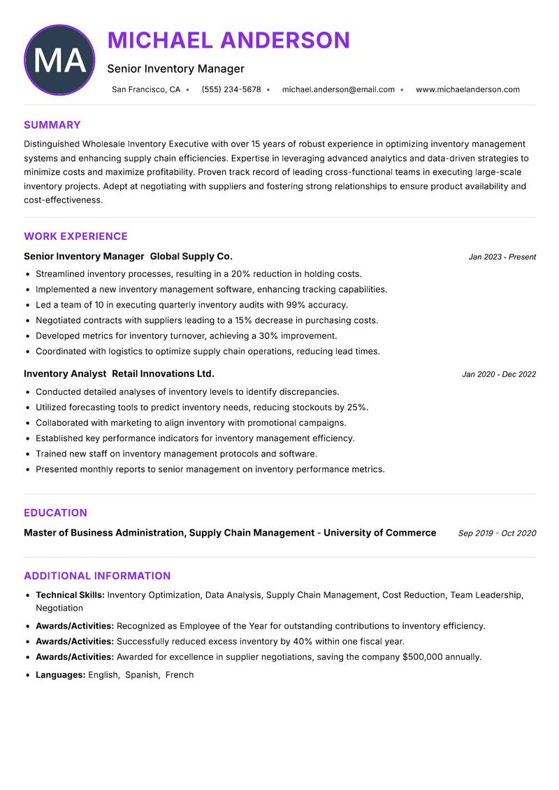 Wholesale Inventory Executive resume example — ATS-friendly template