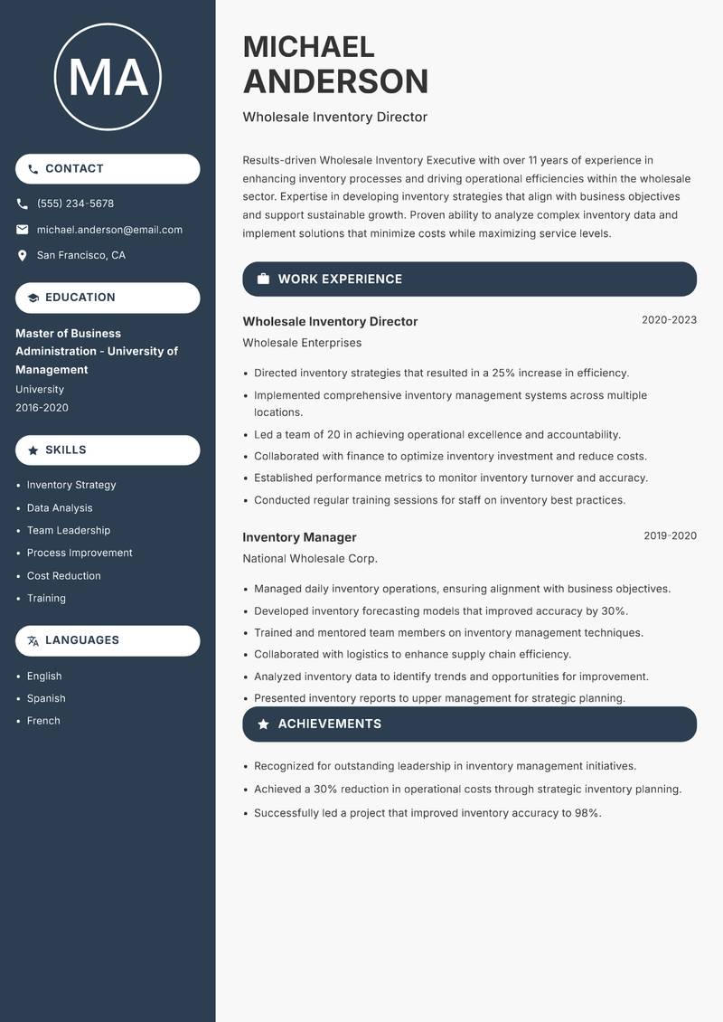 Wholesale Inventory Executive resume template — Compact