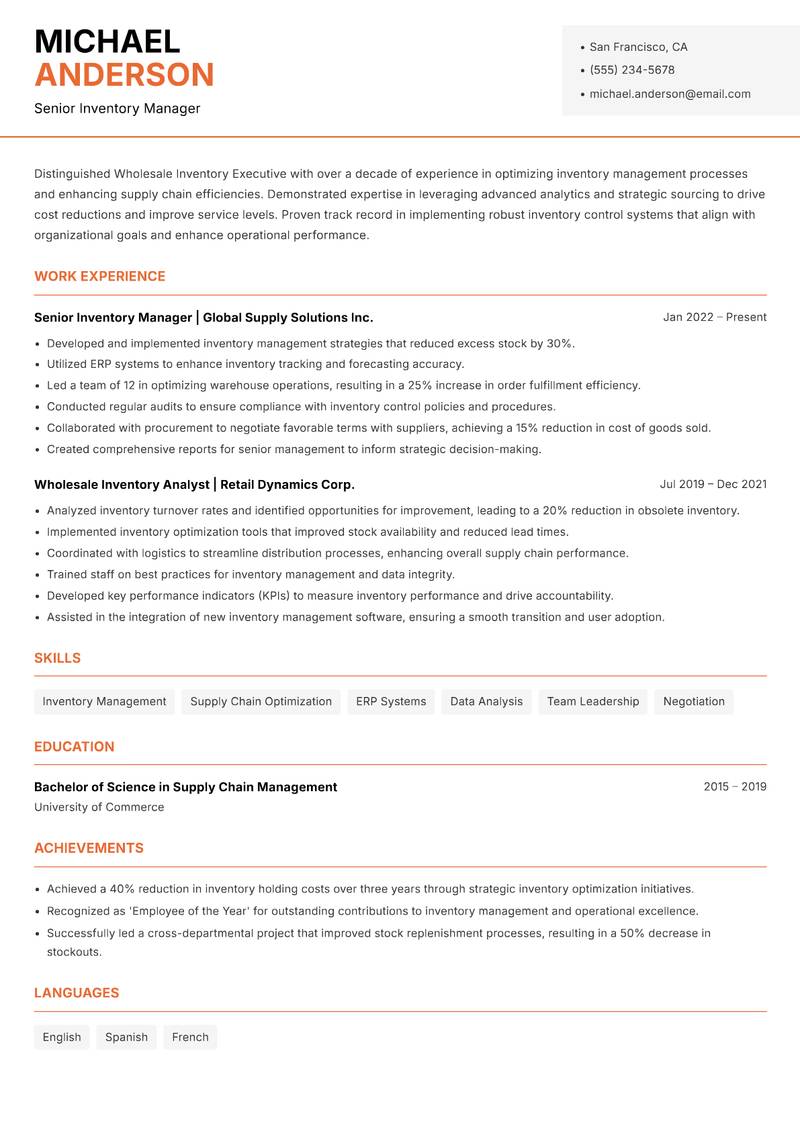 Wholesale Inventory Executive resume template — Modern Professional