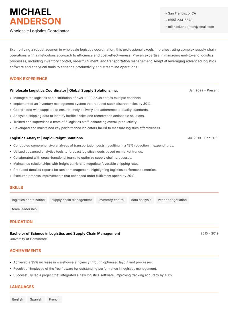 Wholesale Logistics Coordinator resume template — Modern Professional