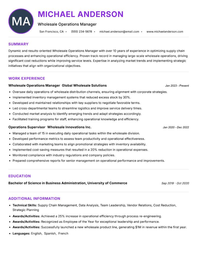 Wholesale Operations Manager resume example — ATS-friendly template