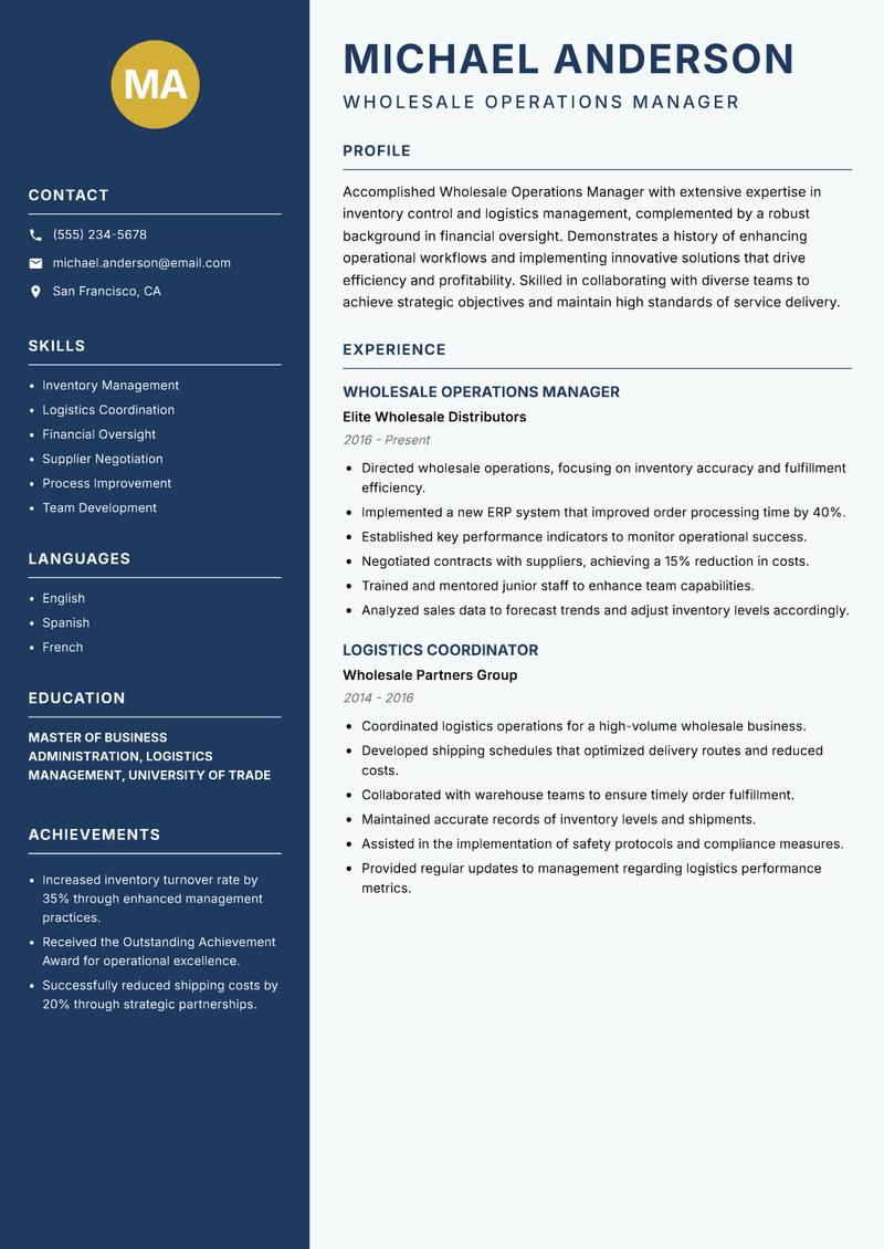 Wholesale Operations Manager resume template — Classic Clean