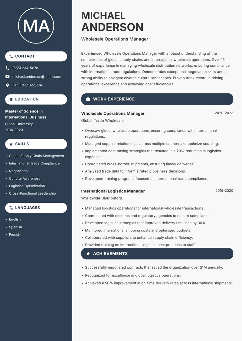 Wholesale Operations Manager resume template — Compact