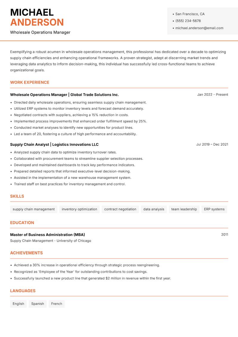Wholesale Operations Manager resume template — Modern Professional