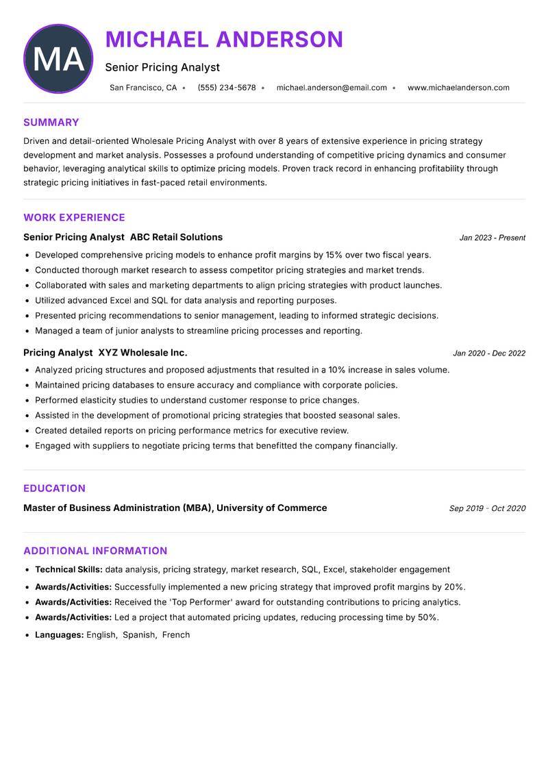 Wholesale Pricing Analyst resume example — ATS-friendly template