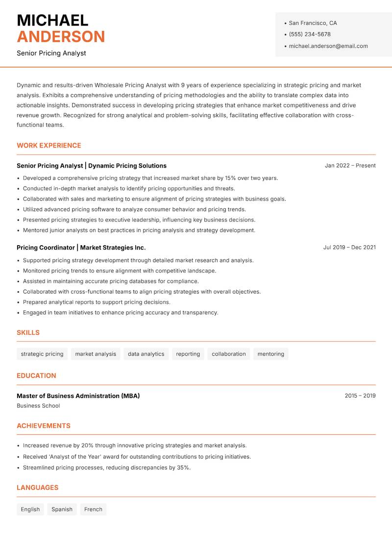 Wholesale Pricing Analyst resume template — Modern Professional