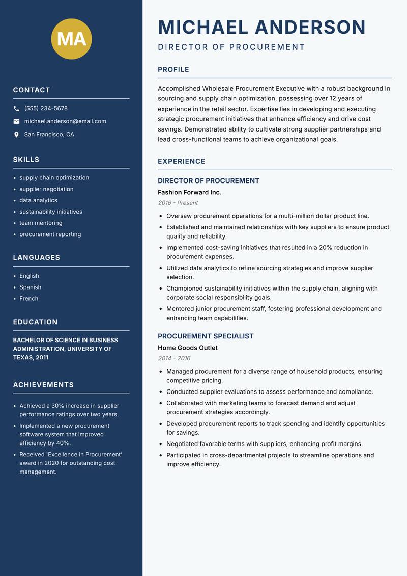 Wholesale Procurement Executive resume template — Classic Clean
