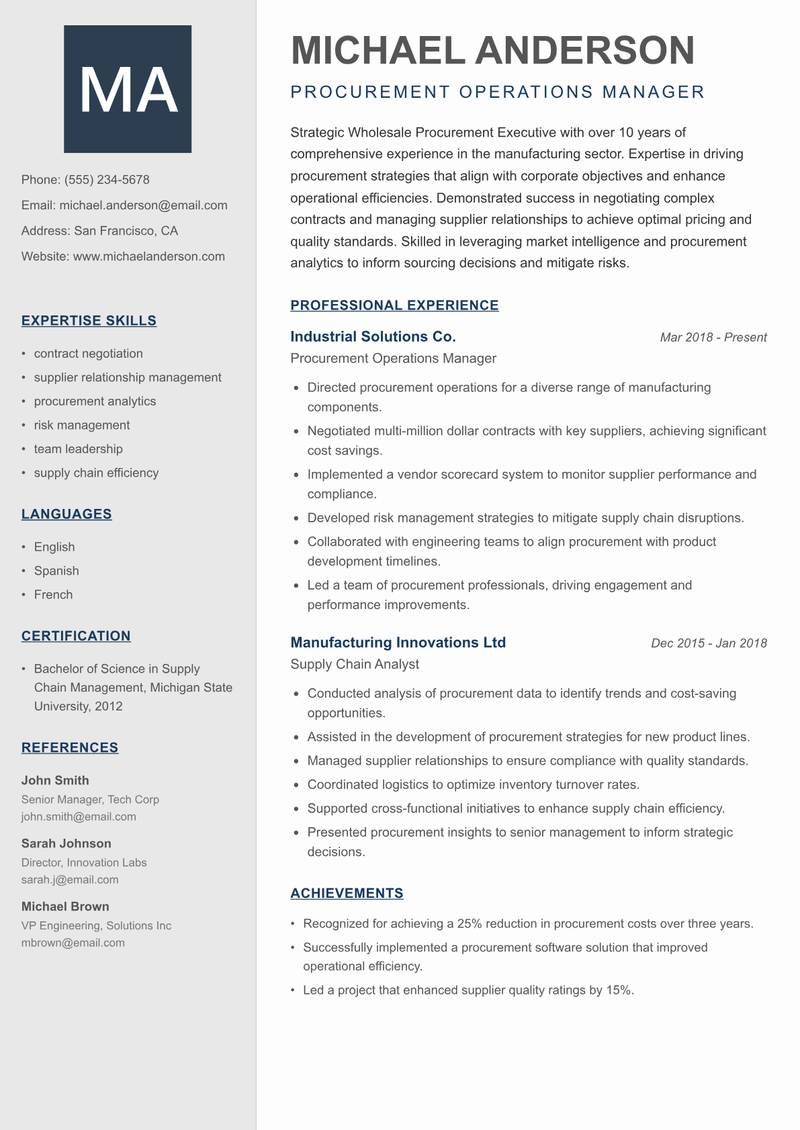 Wholesale Procurement Executive resume template — Creative Minimal