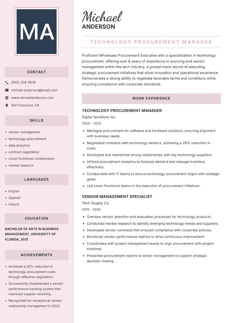 Wholesale Procurement Executive resume template — Executive