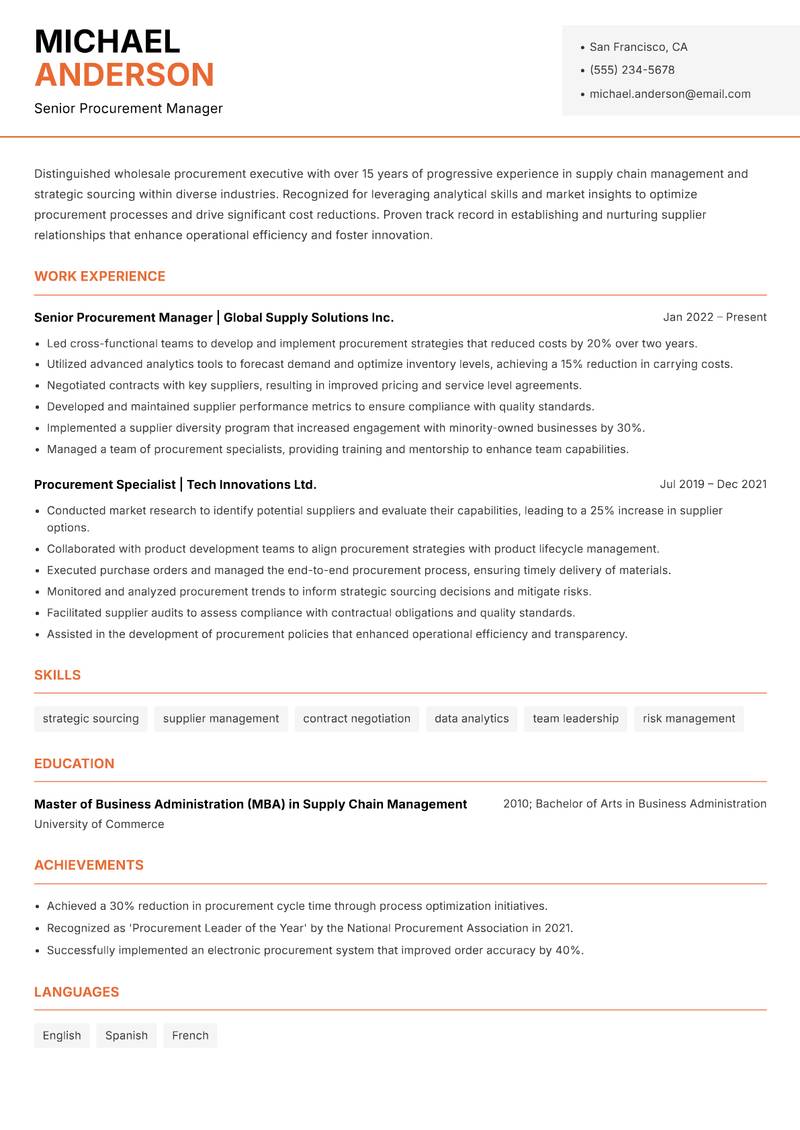 Wholesale Procurement Executive resume template — Modern Professional