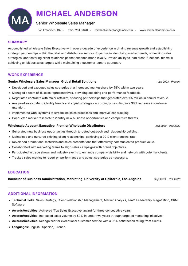Wholesale Sales Executive resume example — ATS-friendly template