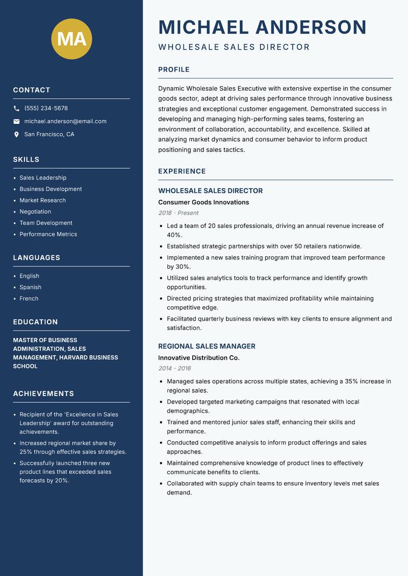 Wholesale Sales Executive resume template — Classic Clean