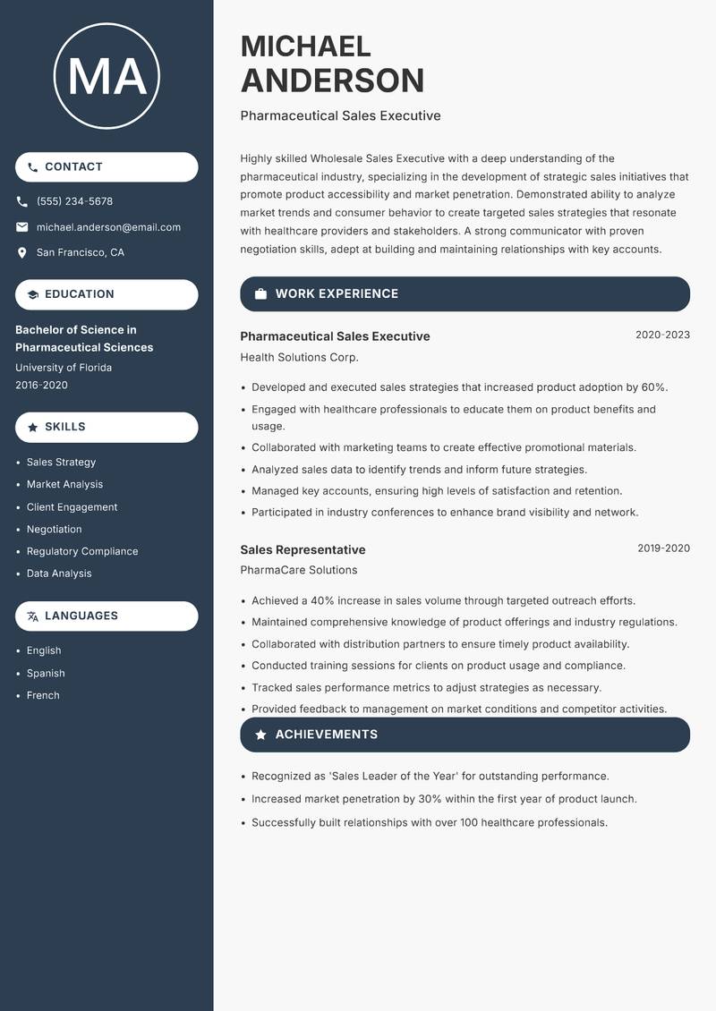 Wholesale Sales Executive resume template — Compact