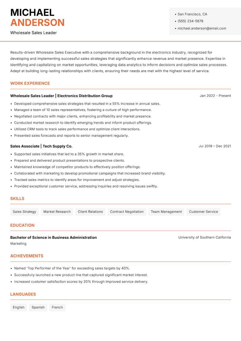 Wholesale Sales Executive resume template — Modern Professional