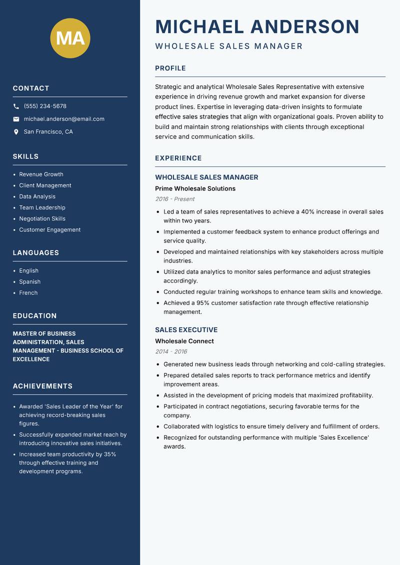 Wholesale Sales Representative resume template — Classic Clean
