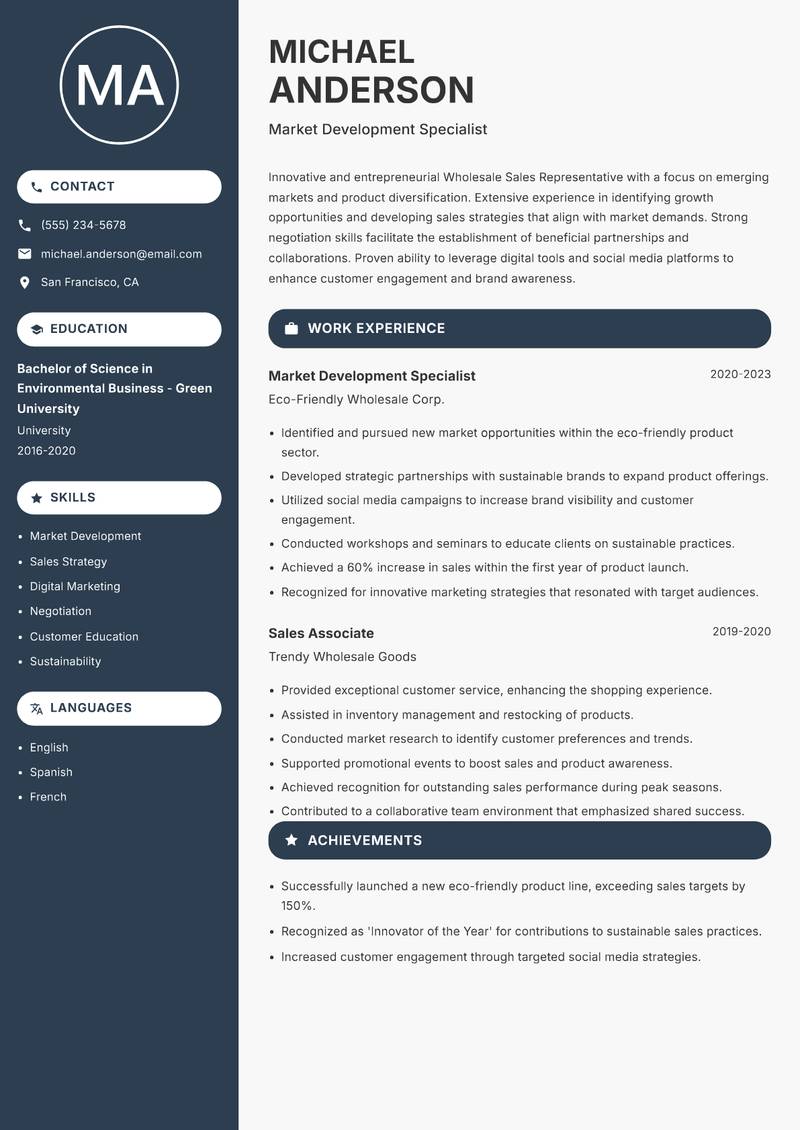 Wholesale Sales Representative resume template — Compact