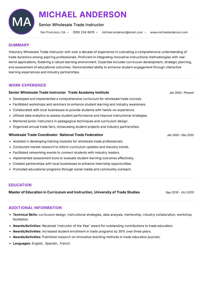 Wholesale Trade Instructor resume example — ATS-friendly template