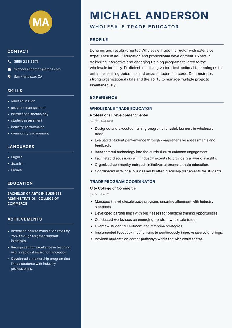 Wholesale Trade Instructor resume template — Classic Clean