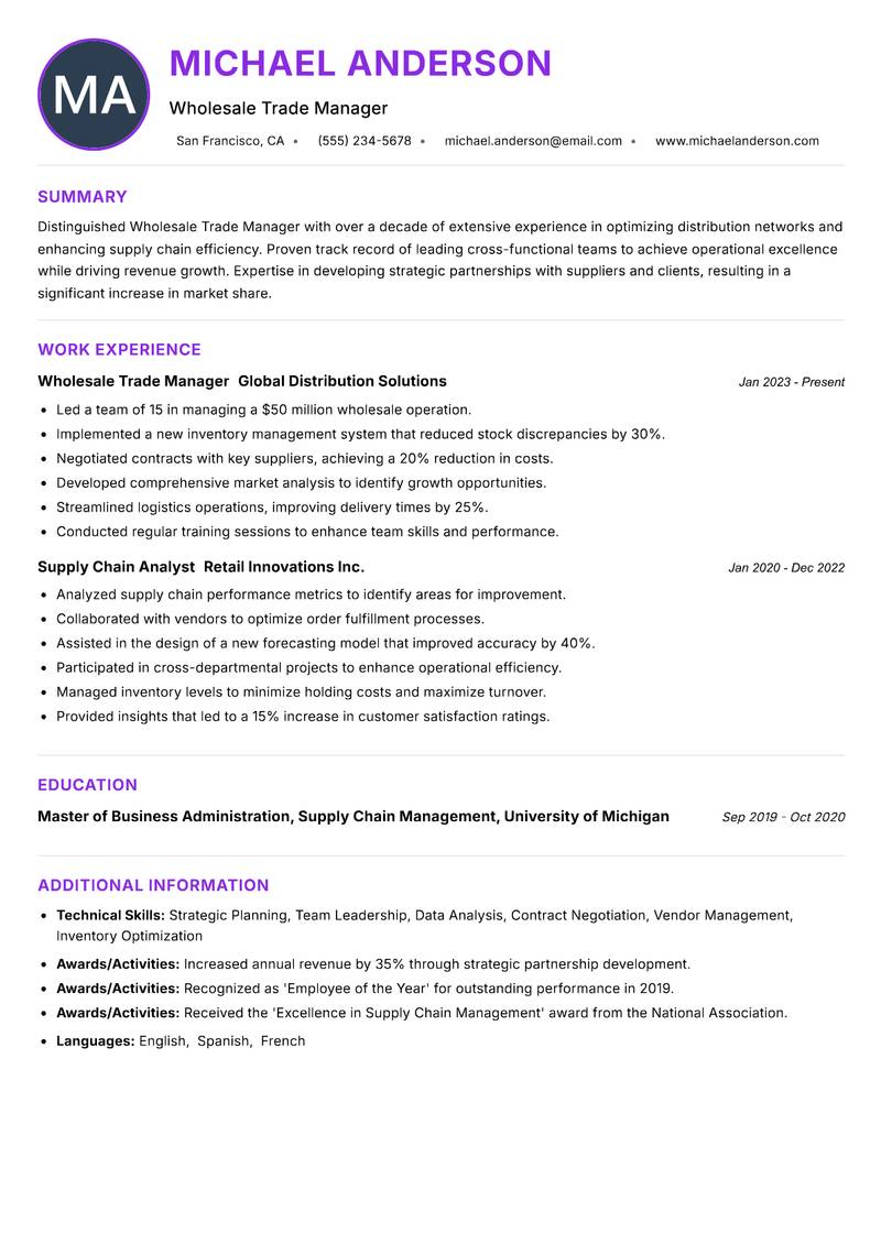 Wholesale Trade Manager resume example — ATS-friendly template