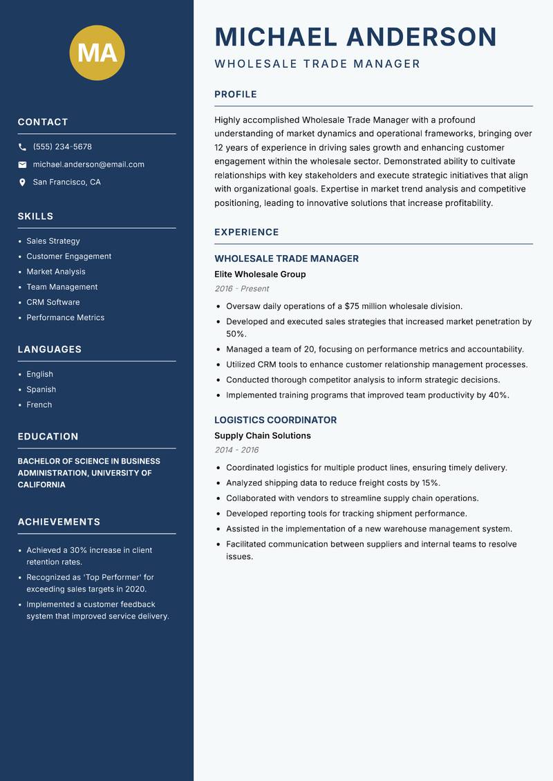 Wholesale Trade Manager resume template — Classic Clean
