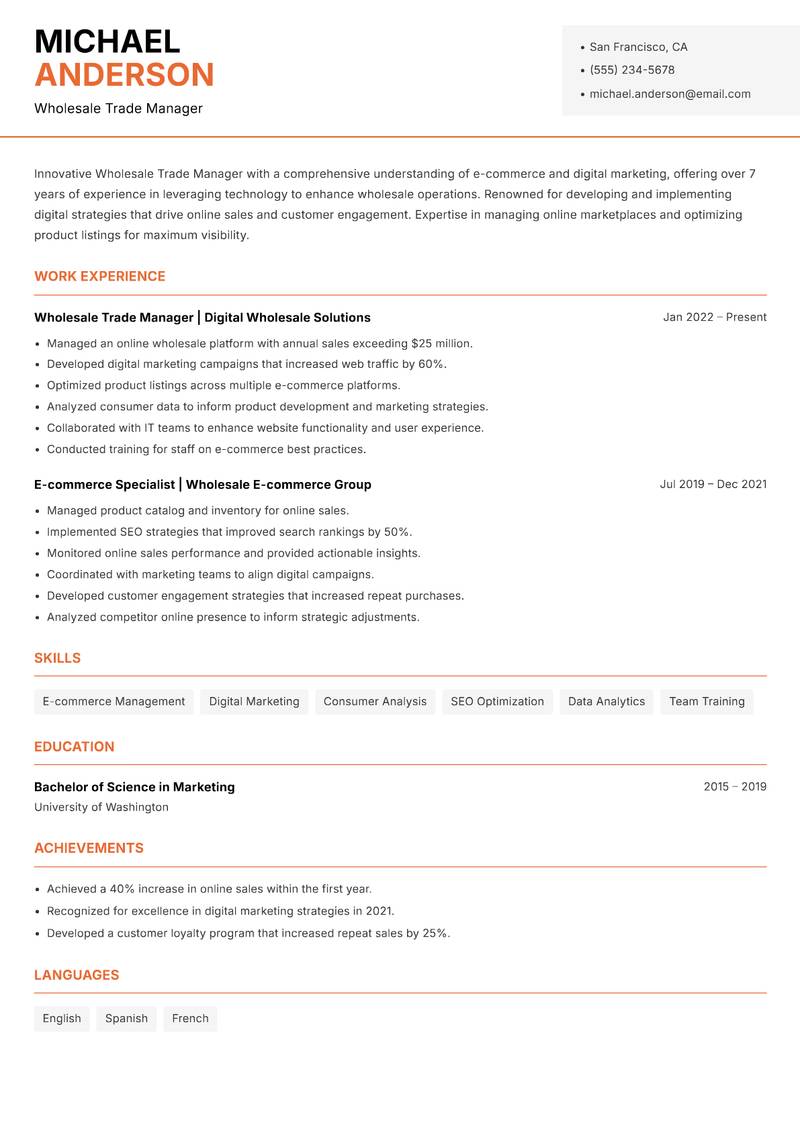 Wholesale Trade Manager resume template — Modern Professional