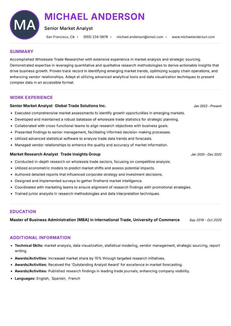 Wholesale Trade Researcher resume example — ATS-friendly template