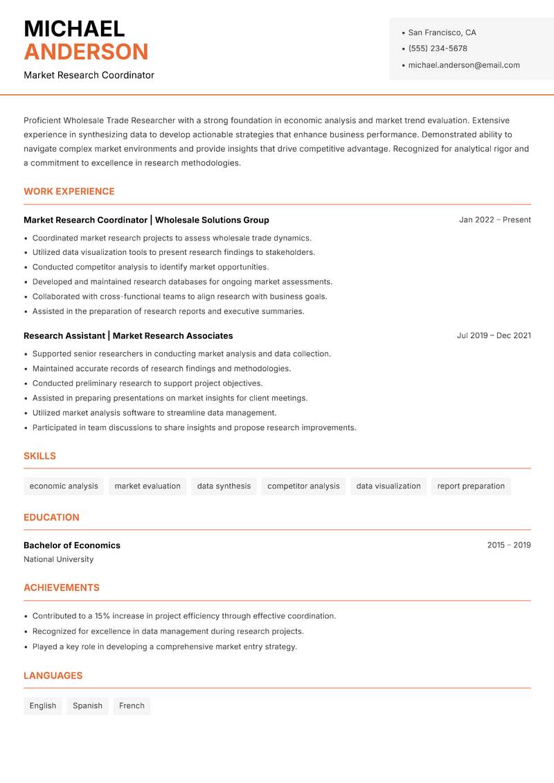 Wholesale Trade Researcher resume template — Modern Professional
