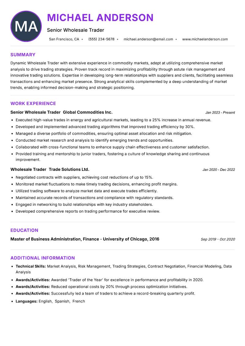 Wholesale Trader resume example — ATS-friendly template