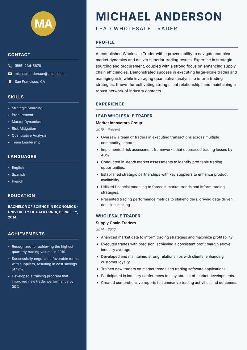 Wholesale Trader resume template — Classic Clean
