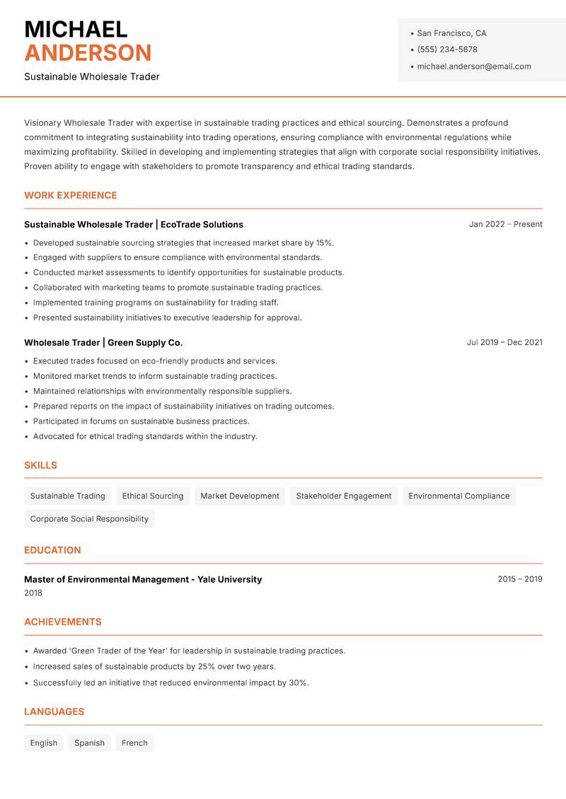 Wholesale Trader resume template — Modern Professional