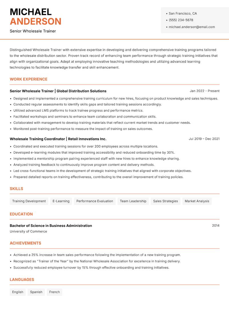 Wholesale Trainer resume template — Modern Professional