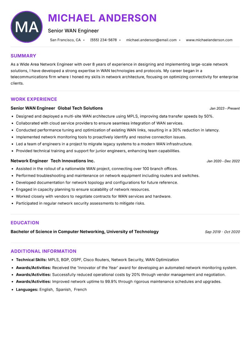Wide Area Network Engineer resume example — ATS-friendly template