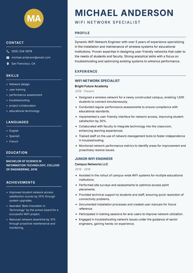 WiFi Network Engineer resume template — Classic Clean