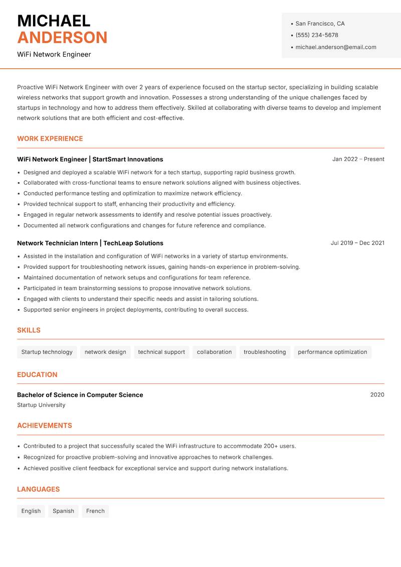 WiFi Network Engineer resume template — Modern Professional