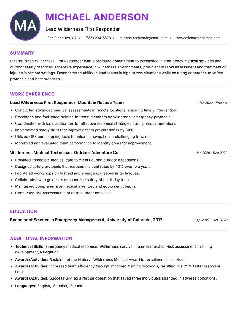 Wilderness First Responder resume example — ATS-friendly template
