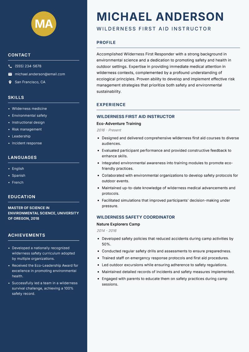 Wilderness First Responder resume template — Classic Clean