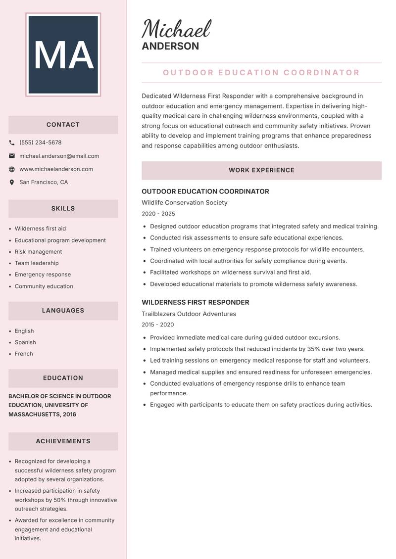 Wilderness First Responder resume template — Executive