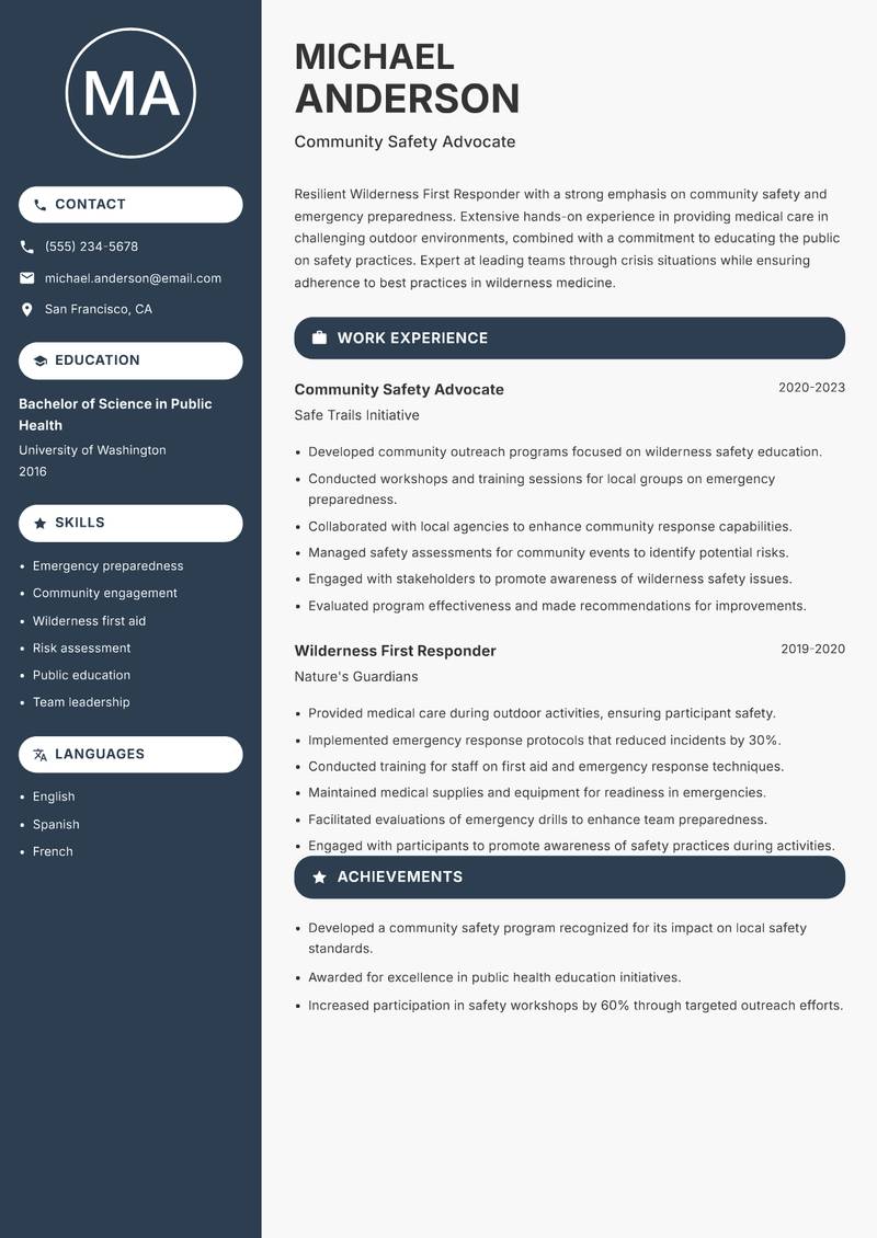 Wilderness First Responder resume template — Compact