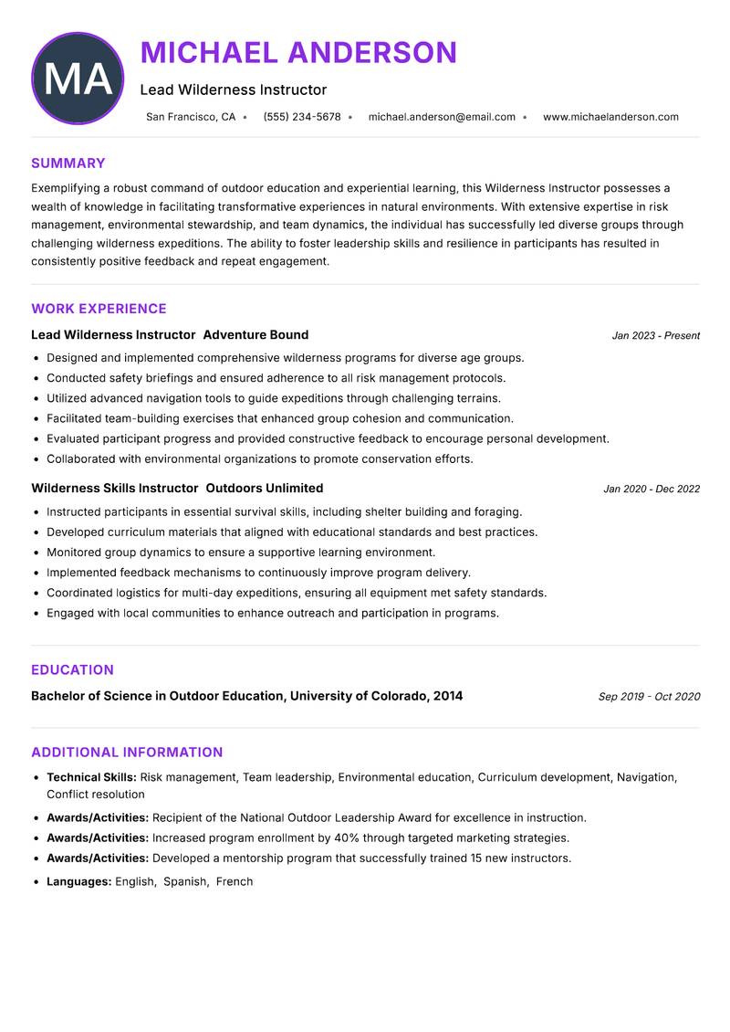 Wilderness Instructor resume example — ATS-friendly template