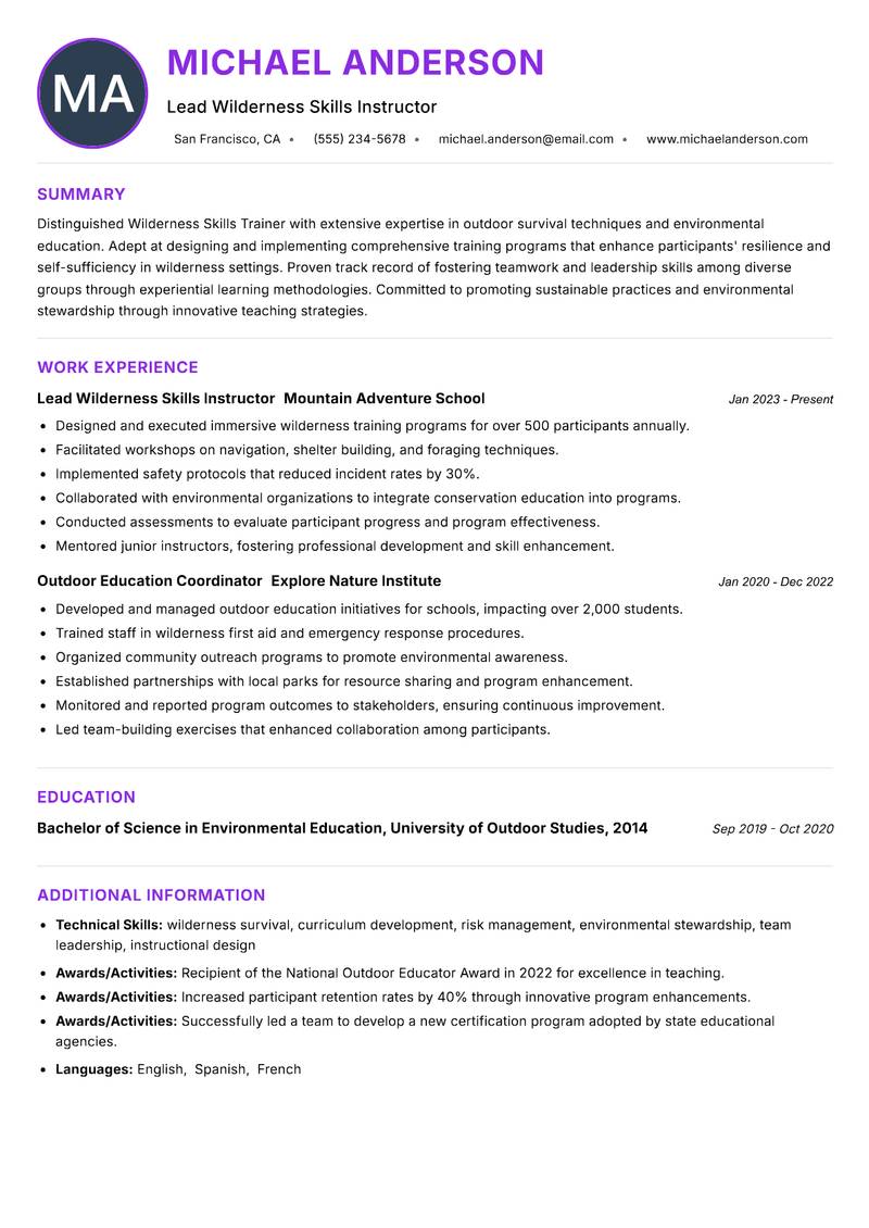Wilderness Skills Trainer resume example — ATS-friendly template